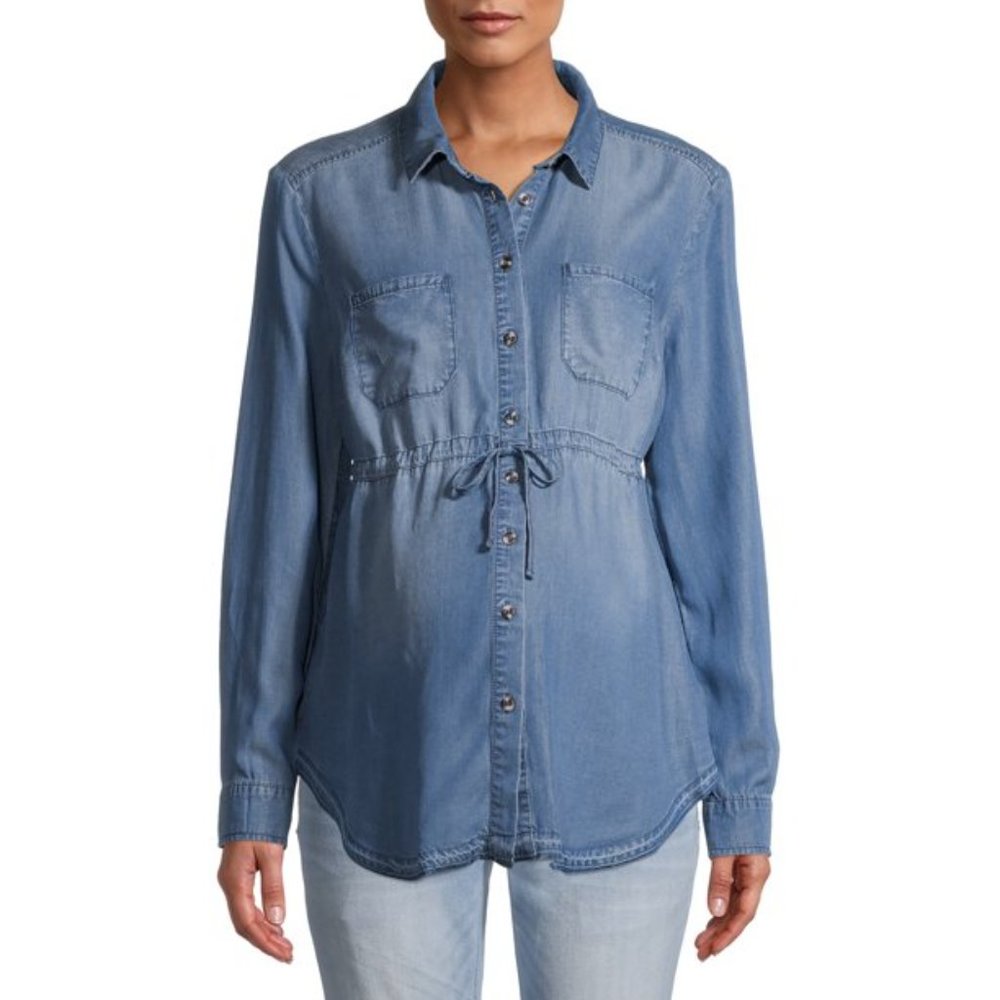 Time And Tru Maternity Long Sleeve Button Front Blouse w/ Raw Hem Blue Medium